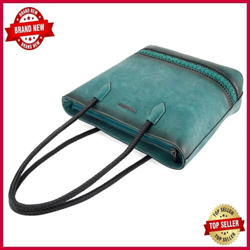 Woven Vegan Leather Tote Bag with Back Zipper Pocket, 8 Compartments